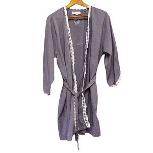Eileen West Purple White Gingham Lace Trim Robe Kimono With Belt L/XL Cotton